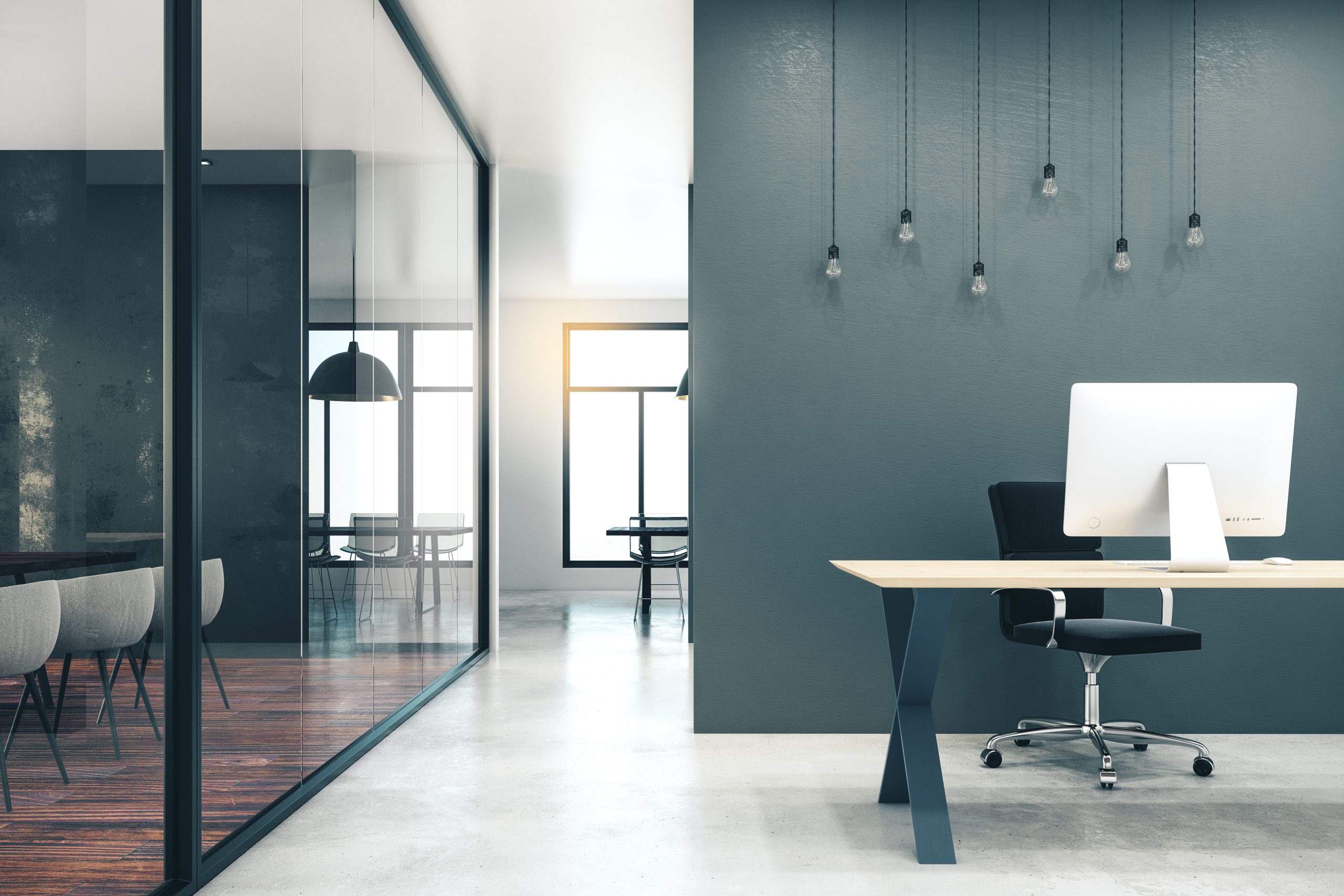 Modern office interior Modern office interior with workplace, Equipment and city view. 3D Rendering